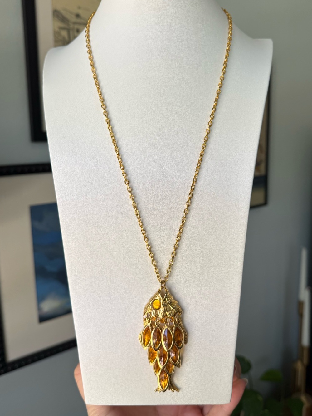 Vintage Articulated Fish Pendant Yellow Topaz Glass Cabochon Goldtone Necklace